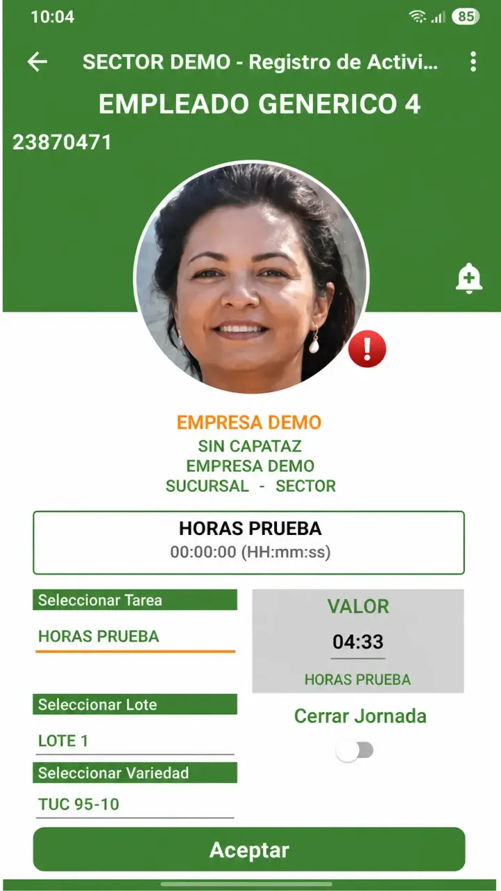 Pantalla móvil de asignación de actividad agrícola a un empleado