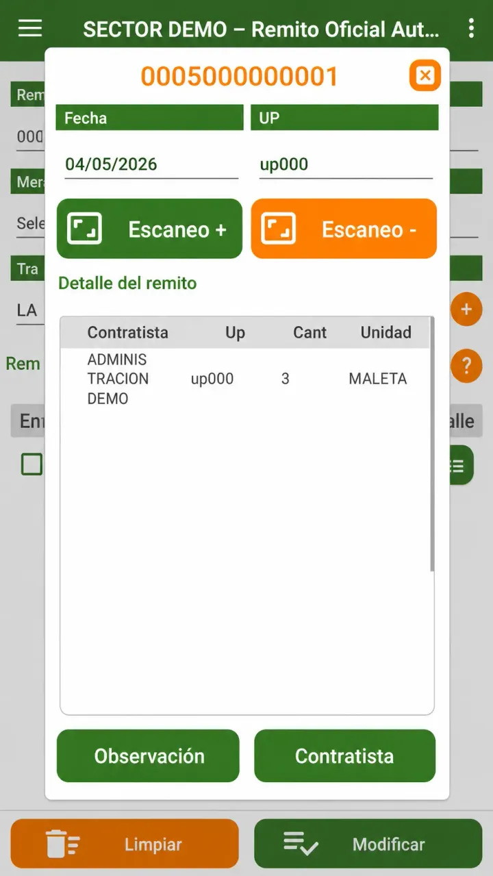 Pantalla móvil de remito interno en Agromovil