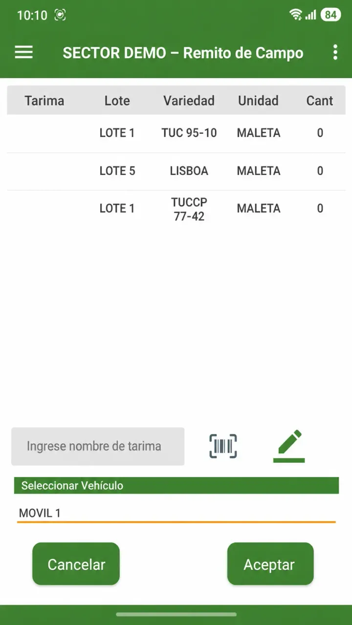 Pantalla móvil de movimientos de remito en Agromovil