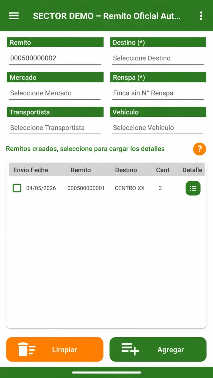 Pantalla móvil de remito oficial en Agromovil
