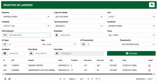 Portal web de Agromovil para consultar registros de actividades agrícolas